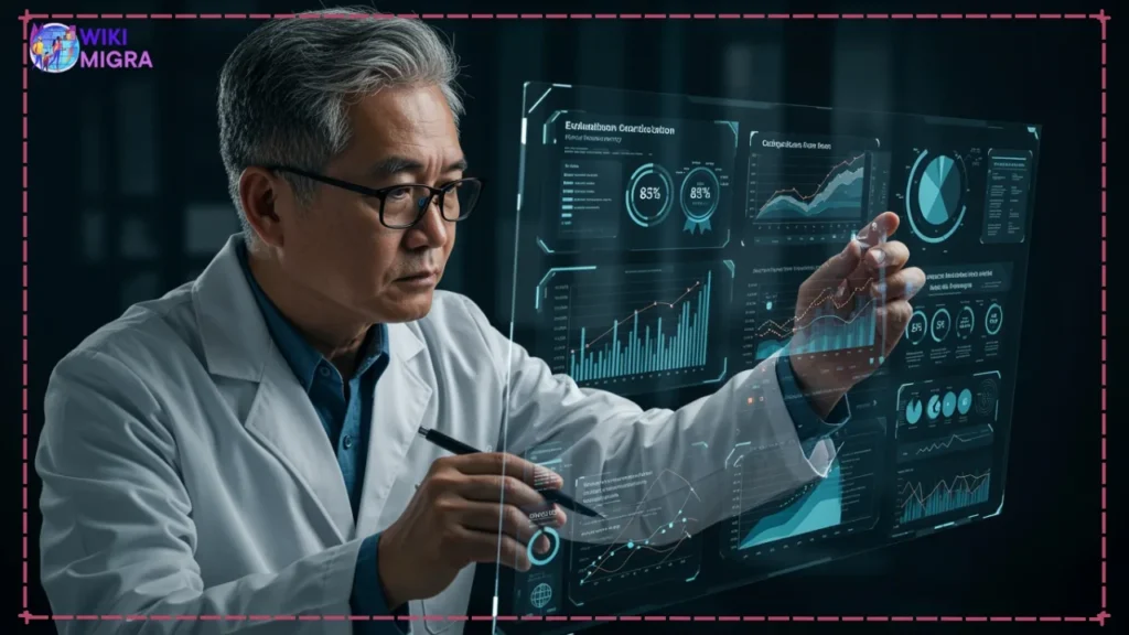 A person analyzing business charts and accreditation certificates on a digital touchscreen, representing the evaluation and ranking methodology for online MBA programs.