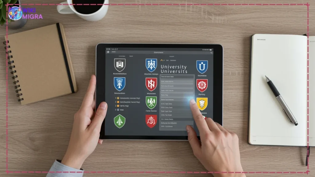 A student researches a list of accredited online MBA programs with GMAT waivers, comparing accreditation and waiver policies on a tablet.