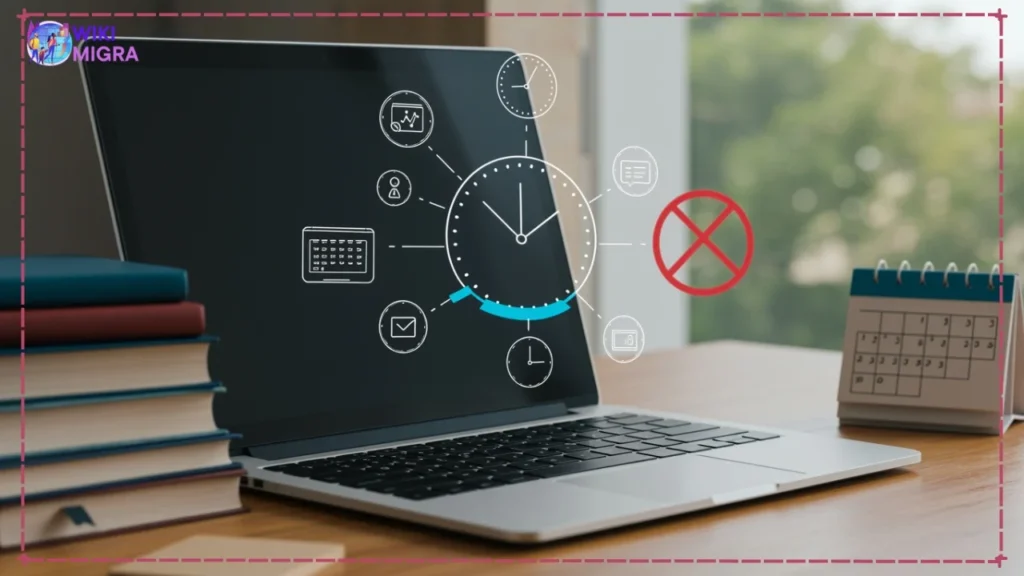 An open laptop with flexible clock icons, books, and a calendar, symbolizing the flexibility of online MBA programs without GMAT requirements.