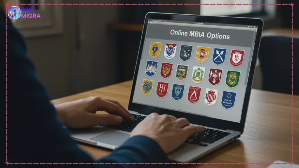 Person researching a list of accredited online MBA programs without GMAT requirements on a laptop screen.