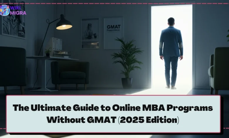 A confident mid-career professional looks towards an open doorway symbolizing an online MBA opportunity, with a discarded GMAT book out of focus in the foreground.