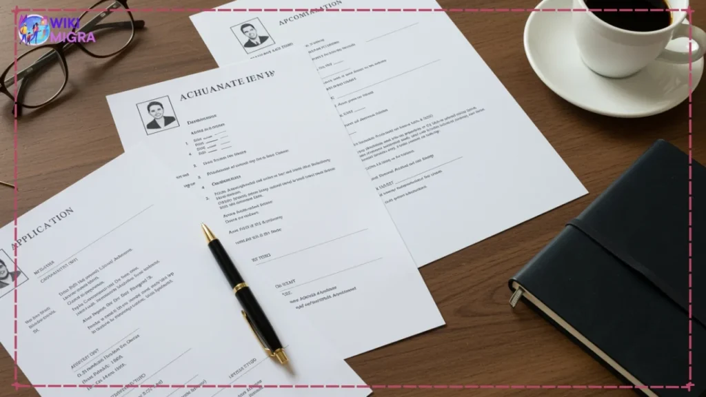 Flat lay of MBA application materials: resume, personal statement, and recommendations for a no-GMAT program.