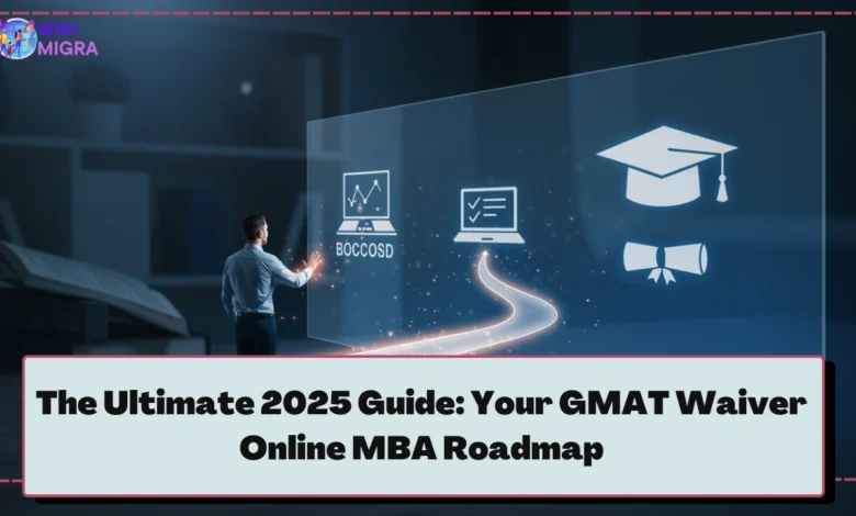 A confident professional mapping their career path to a GMAT waiver online MBA on a futuristic digital screen, symbolizing success without standardized tests.