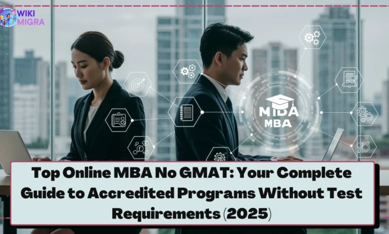 top online mba no gmat: A professional businesswoman and businessman collaborating on laptops, surrounded by digital icons representing MBA concepts, with a modern city skyline in the background.