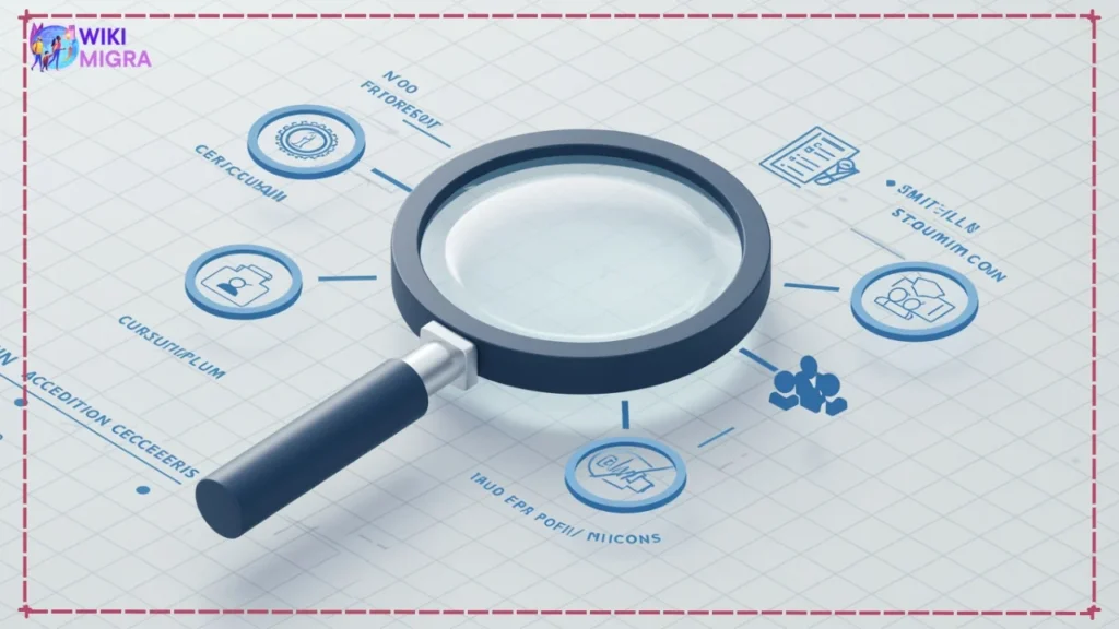 Graphic depicting evaluation criteria like accreditation and no GMAT policy for selecting top online MBA programs.