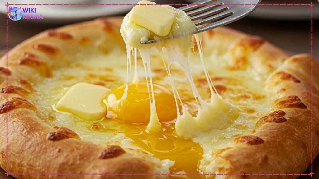 A close-up shot of a fork pulling a long string of melted cheese from a boat-shaped Adjaruli khachapuri with a runny egg yolk in the center.