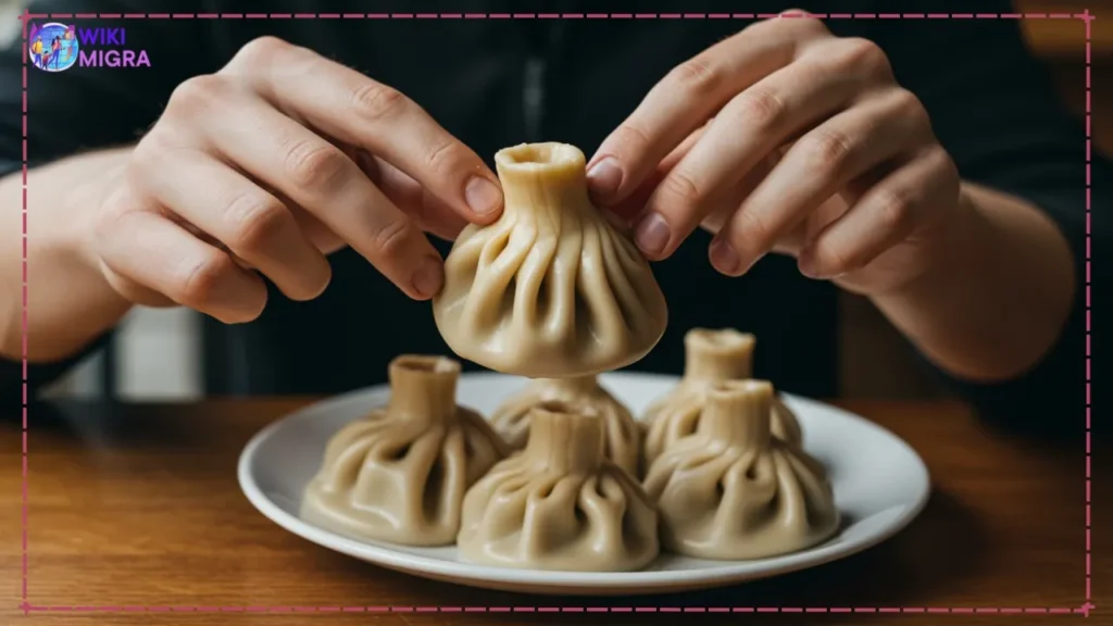 A person's hands holding a Georgian khinkali dumpling by its top knot, demonstrating the correct way to eat it before taking a bite.